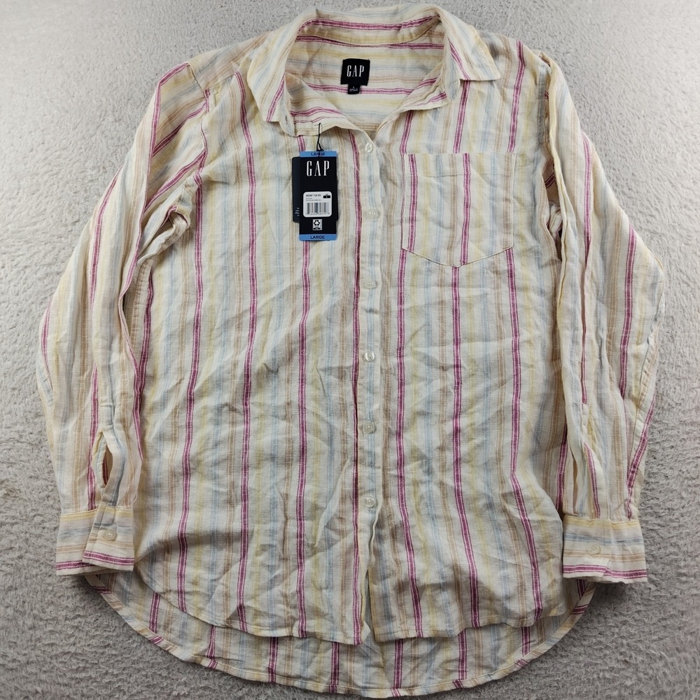 Gap Linen Blend Shirt Button Down‎ Top Striped Women's Large Summer Boat NWT